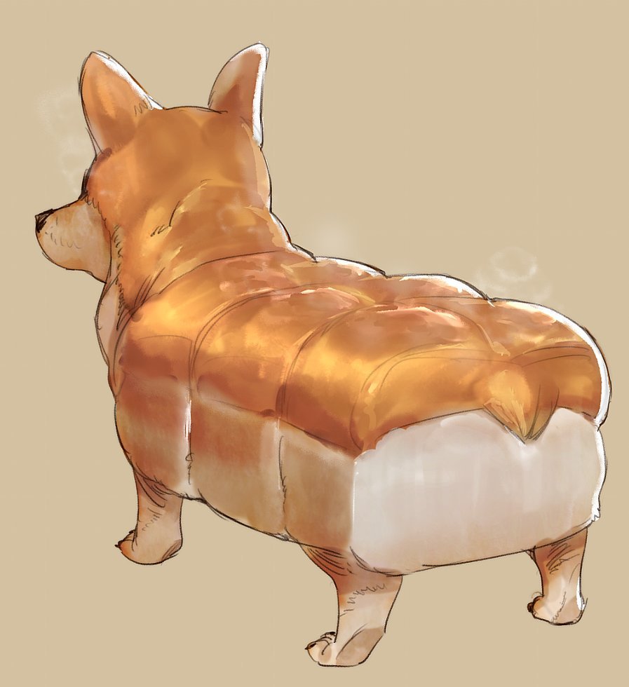 animal_focus, ass, ass_focus, bow_(bhp), bread, bread_bun, dog, food, from_behind, no_humans, orange_background, orange_theme, original, revision, simple_background, steam, welsh_corgi, what