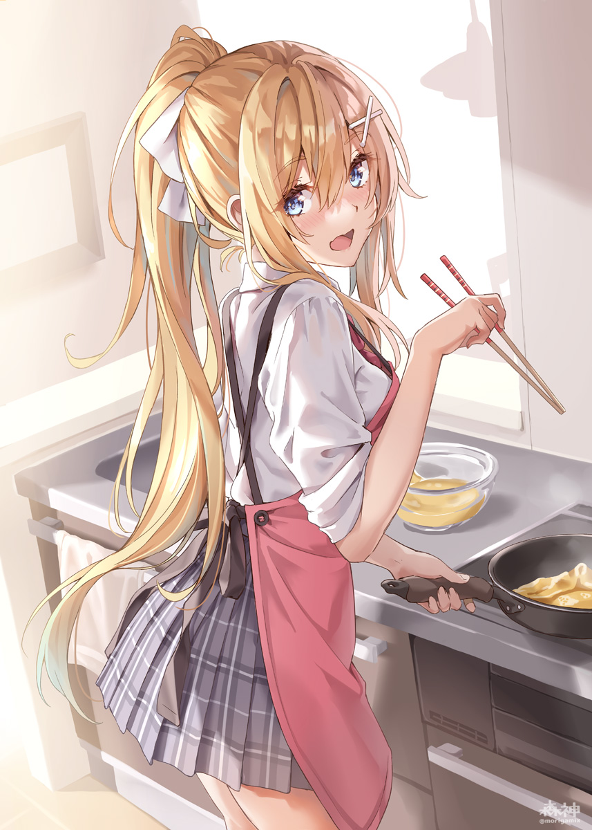 1girl, apron, bangs, blonde_hair, blue_eyes, blush, chopsticks, commentary_request