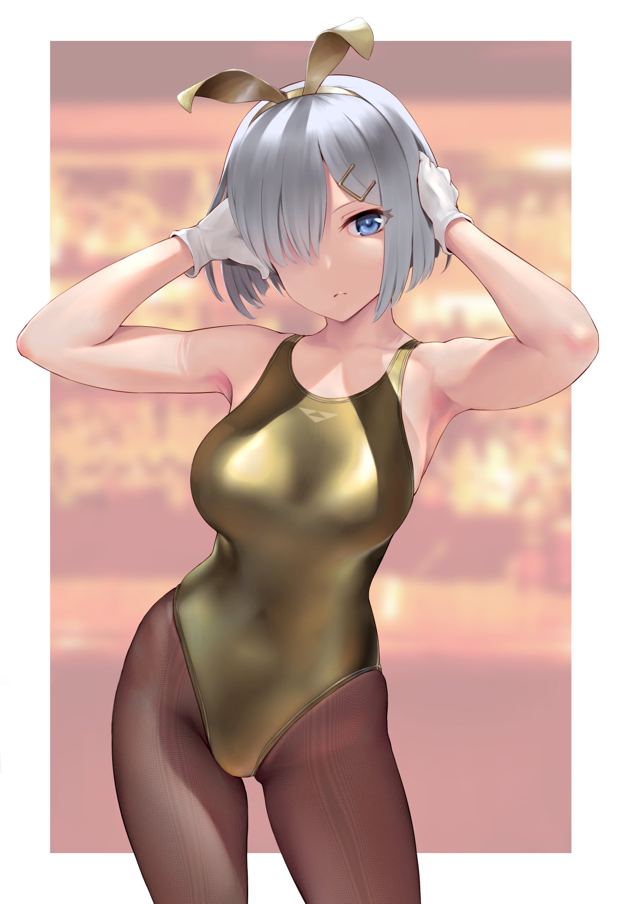 1girl, alternate_costume, arms_up, bare_arms, bare_shoulders, blue_eyes, blurry, breasts