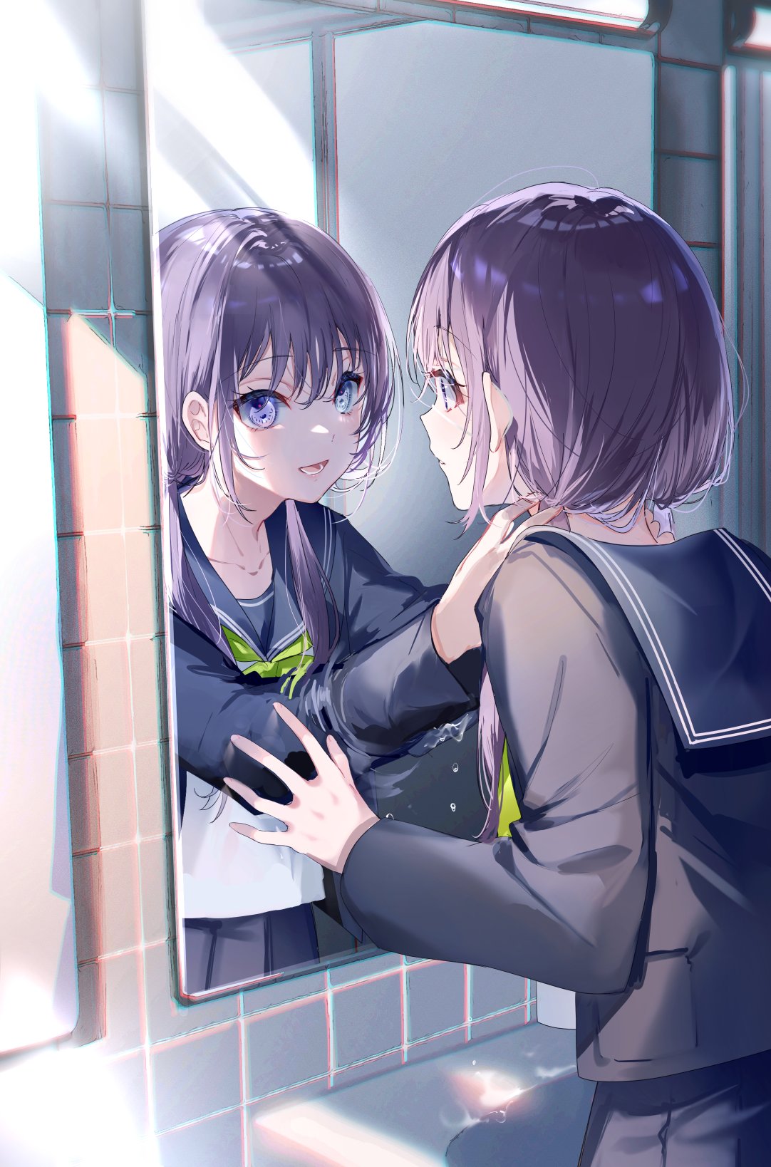 2girls, arms_up, bangs, black_jacket, black_sailor_collar, black_skirt, blush, chromatic_aberration
