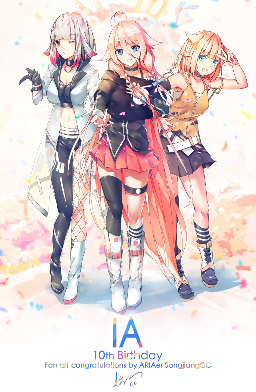 3girls, absurdres, ahoge, arm_behind_back, artist_name, asymmetrical_legwear, bangs, bare_shoulders
