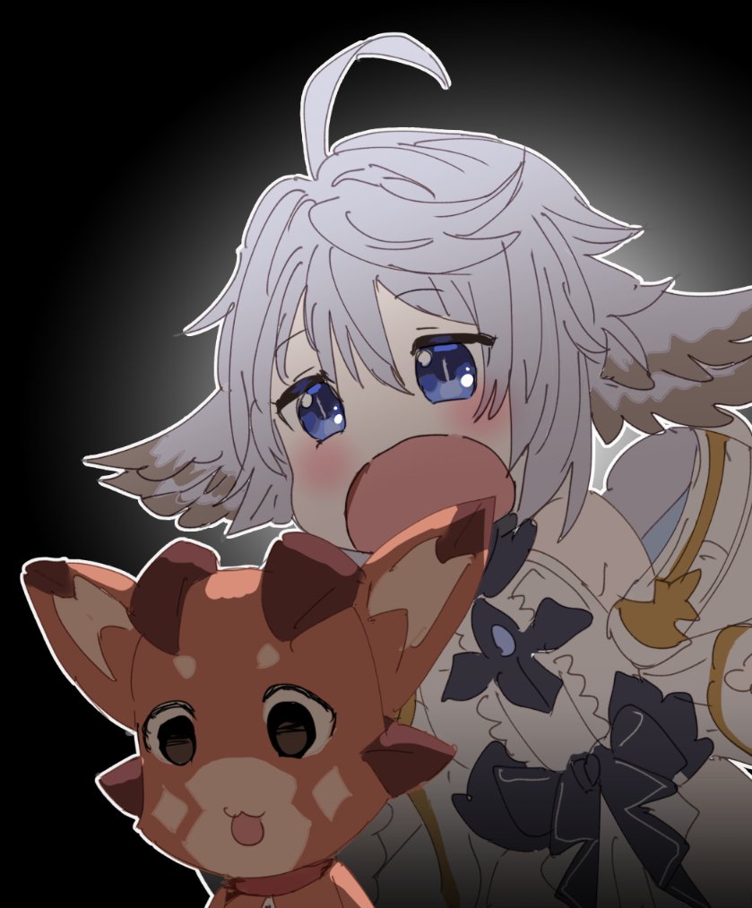 1girl, :3, ahoge, blush, bow_(bhp), creature, dress, empty_eyes