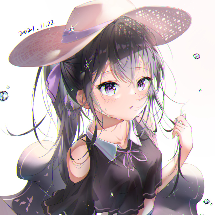 1girl, absurdres, bangs, bare_shoulders, black_hair, blush, breasts, brown_headwear