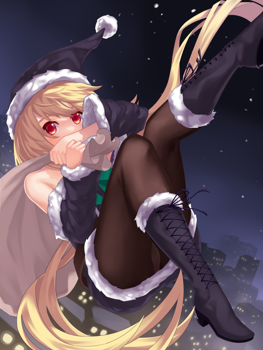 1girl, absurdres, admiral_scheer_(warship_girls_r), black_footwear, black_headwear, black_legwear, black_santa_costume, black_sleeves