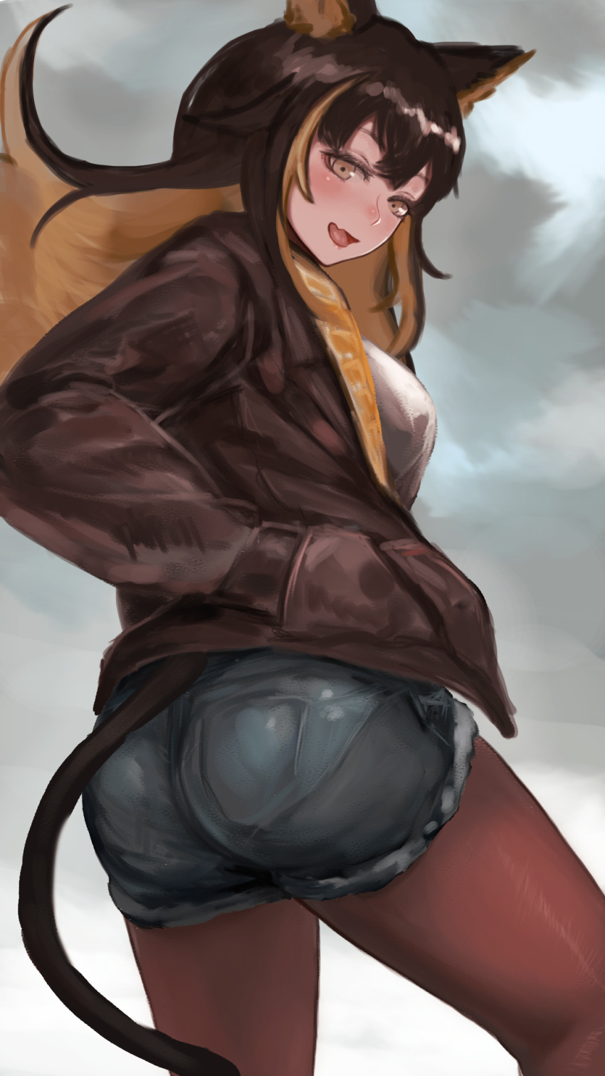 1girl, :d, animal_ears, bangs, black_hair, black_legwear, blonde_hair, breasts