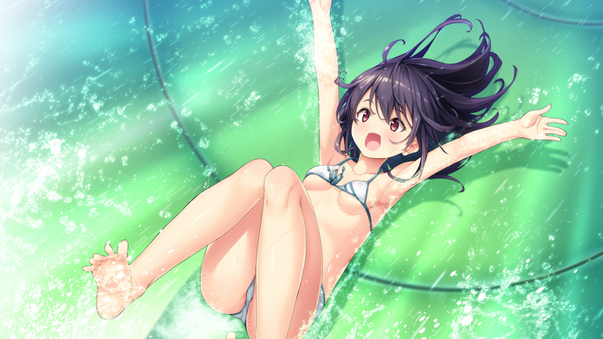 1girl, armpits, arms_up, bangs, barefoot, bikini, black_hair, breasts