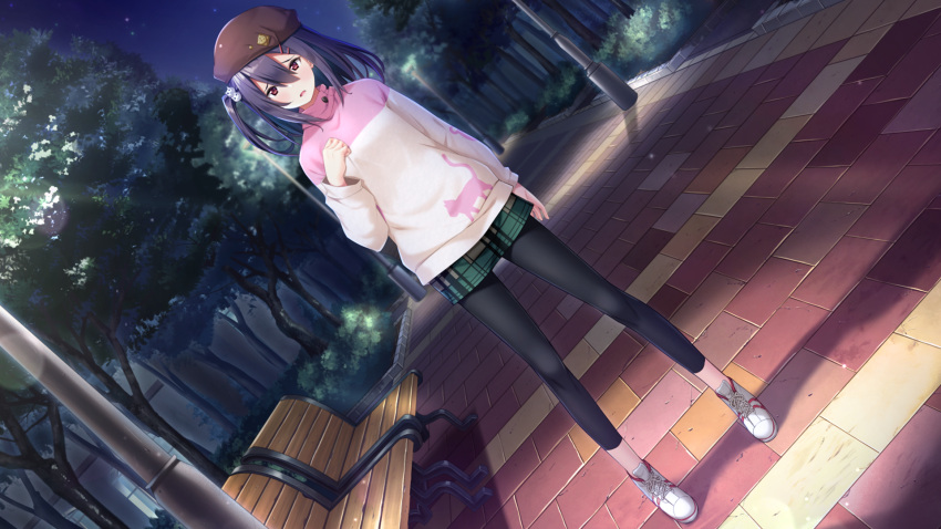 1girl, animal_print, bangs, black_hair, black_pants, blush, brown_headwear, cat_print