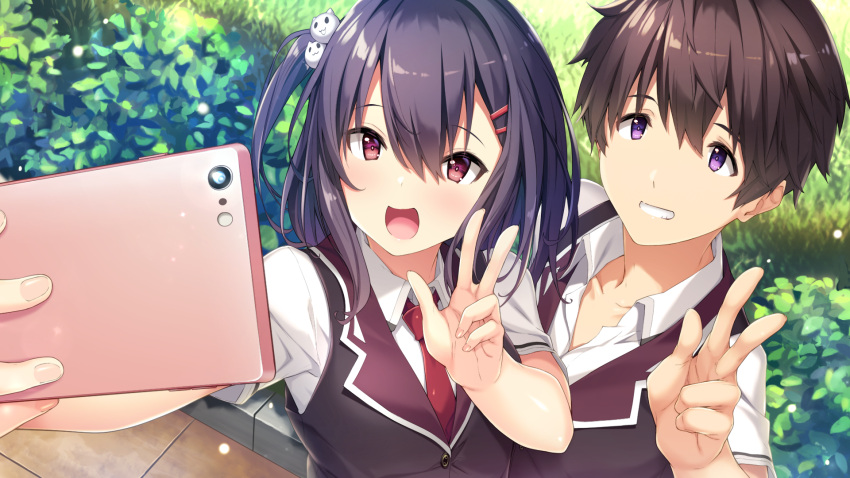 1boy, 1girl, :d, bangs, black_hair, black_vest, blush, brown_hair, cat_hair_ornament, cellphone, collarbone, collared_shirt, day, dress_shirt, eyebrows_visible_through_hair, game_cg, grin, hair_between_eyes, hair_ornament, hairclip, hibikino-san-chi_wa_eroge-ya-san!, hibikino_yui, highres, holding, holding_phone, kurama_ren, long_hair, necktie, outdoors, phone, red_eyes, red_necktie, sawayaka_samehada, selfie, shiny, shiny_hair, shirt, short_hair, side_ponytail, smartphone, smile, upper_body, vest, violet_eyes, w, white_shirt, wing_collar