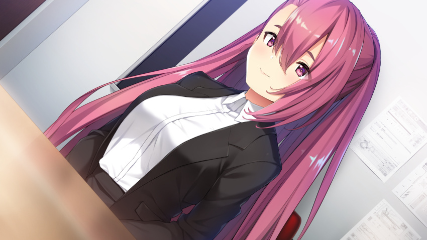 1girl, asymmetrical_bangs, bangs, black_jacket, breasts, closed_mouth, collared_shirt, dress_shirt