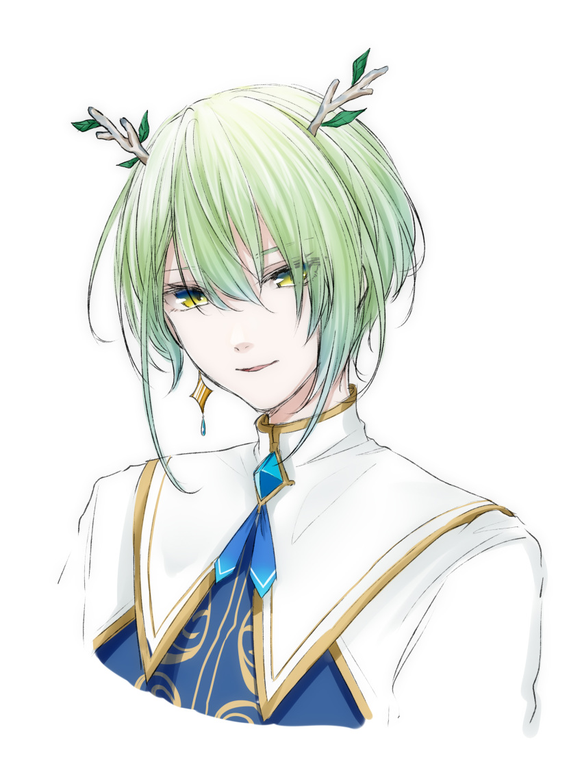 1boy, absurdres, bangs, branch, ceres_faun, ceres_fauna, commentary, earrings, english_commentary, eyebrows_visible_through_hair, genderswap, genderswap_(ftm), green_hair, highres, hololive, hololive_english, jewelry, looking_at_viewer, maziky, short_hair, solo, virtual_youtuber, white_background, yellow_eyes