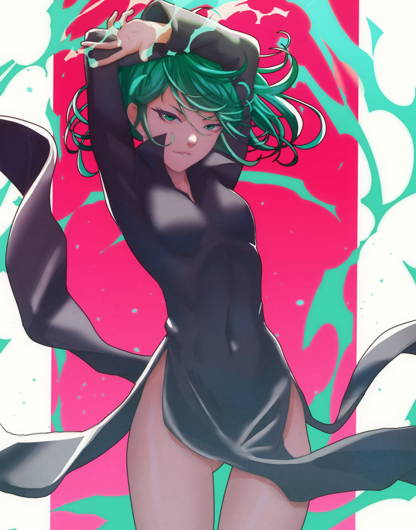 1girl, arms_up, ass_visible_through_thighs, breasts, dress, green_eyes, green_hair, highres
