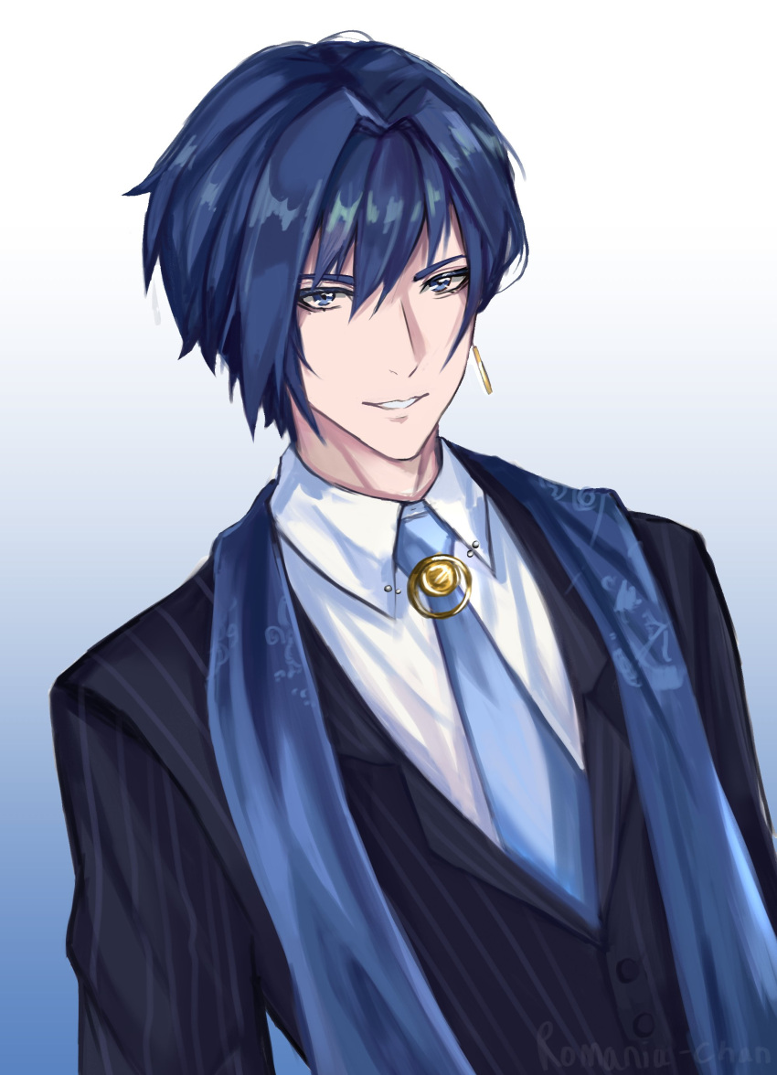 1boy, absurdres, bangs, blue_eyes, blue_hair, blue_necktie, commentary, earrings, english_commentary, formal, genderswap, genderswap_(ftm), gradient, gradient_background, highres, hololive, hololive_english, jewelry, necktie, ouro_kronii, ouro_krono, romania-chan_(artist), short_hair, solo, suit, virtual_youtuber, wing_collar