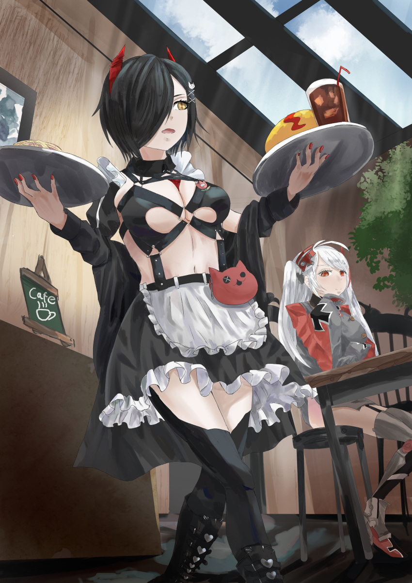 2girls, absurdres, apron, azur_lane, black_footwear, black_hair, black_legwear, black_skirt, boots, breast_strap, breasts, cat_hair_ornament, grey_legwear, hachiware_(kagisippo2), hair_ornament, hand_on_own_cheek, hand_on_own_face, headgear, highres, holding, holding_tray, horns, indoors, maid_cafe, mechanical_horns, medium_breasts, miniskirt, multicolored_hair, multiple_girls, nail_polish, o-ring, o-ring_top, official_alternate_costume, open_mouth, prinz_eugen_(azur_lane), red_eyes, red_horns, red_nails, redhead, seiza, short_hair, sitting, skirt, streaked_hair, thigh-highs, tray, two-tone_hair, ulrich_von_hutten_(azur_lane), ulrich_von_hutten_(mayhem_maid)_(azur_lane), waist_apron, white_apron, white_hair, x_hair_ornament, yellow_eyes