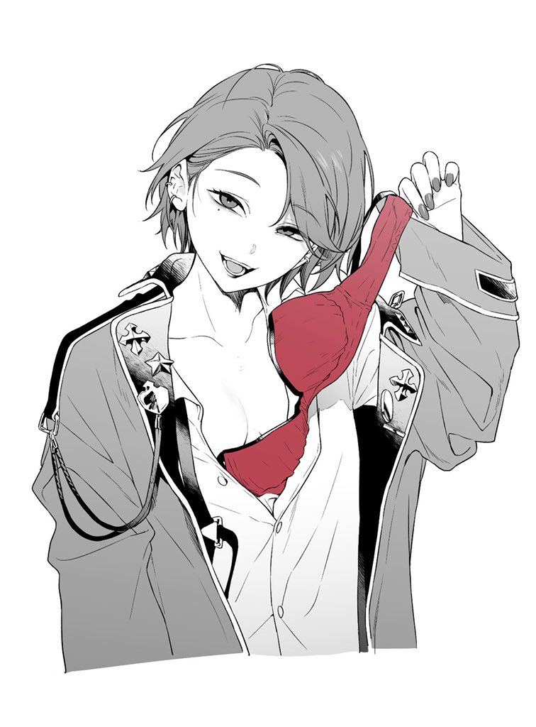 1girl, amanekuu, bra, breasts, caligula_(game), caligula_2, collared_shirt, cropped_torso, ear_piercing, emblem, greyscale, jacket, kudan_(caligula_2), looking_at_viewer, mole, mole_under_eye, monochrome, open_clothes, open_jacket, open_mouth, piercing, red_bra, removing_bra, shirt, short_hair, simple_background, small_breasts, smile, solo, spot_color, underwear, upper_body