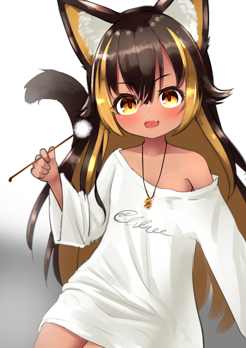 1girl, age_difference, animal_ear_fluff, animal_ears, bangs, bare_shoulders, black_hair, blonde_hair, cat_ears, cat_girl, cat_tail, character_name, child, commentary, crossed_bangs, ear_cleaning, eyebrows_behind_hair, eyelashes, fang, gaarya, gradient, gradient_background, hair_between_eyes, highres, indie_virtual_youtuber, long_sleeves, looking_at_viewer, mimikaki, multicolored_hair, nekoyo_chloe, off_shoulder, open_mouth, shiny, shiny_hair, shirt, simple_background, solo, streaked_hair, tail, two-tone_hair, virtual_youtuber, white_shirt, wide_sleeves, yellow_eyes, younger