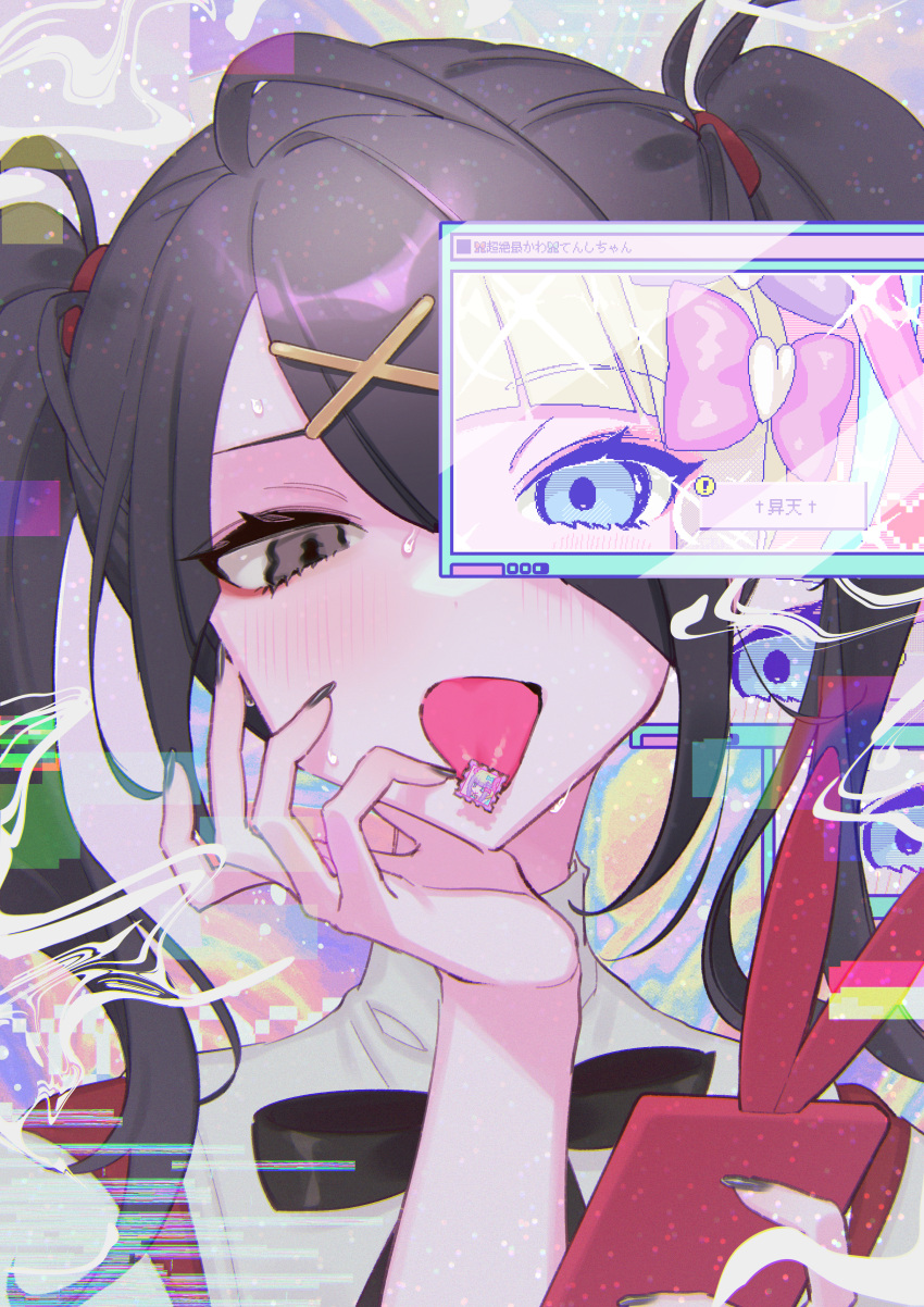 1girl, :p, absurdres, ame-chan_(needy_girl_overdose), black_hair, black_nails, blonde_hair, blue_eyes