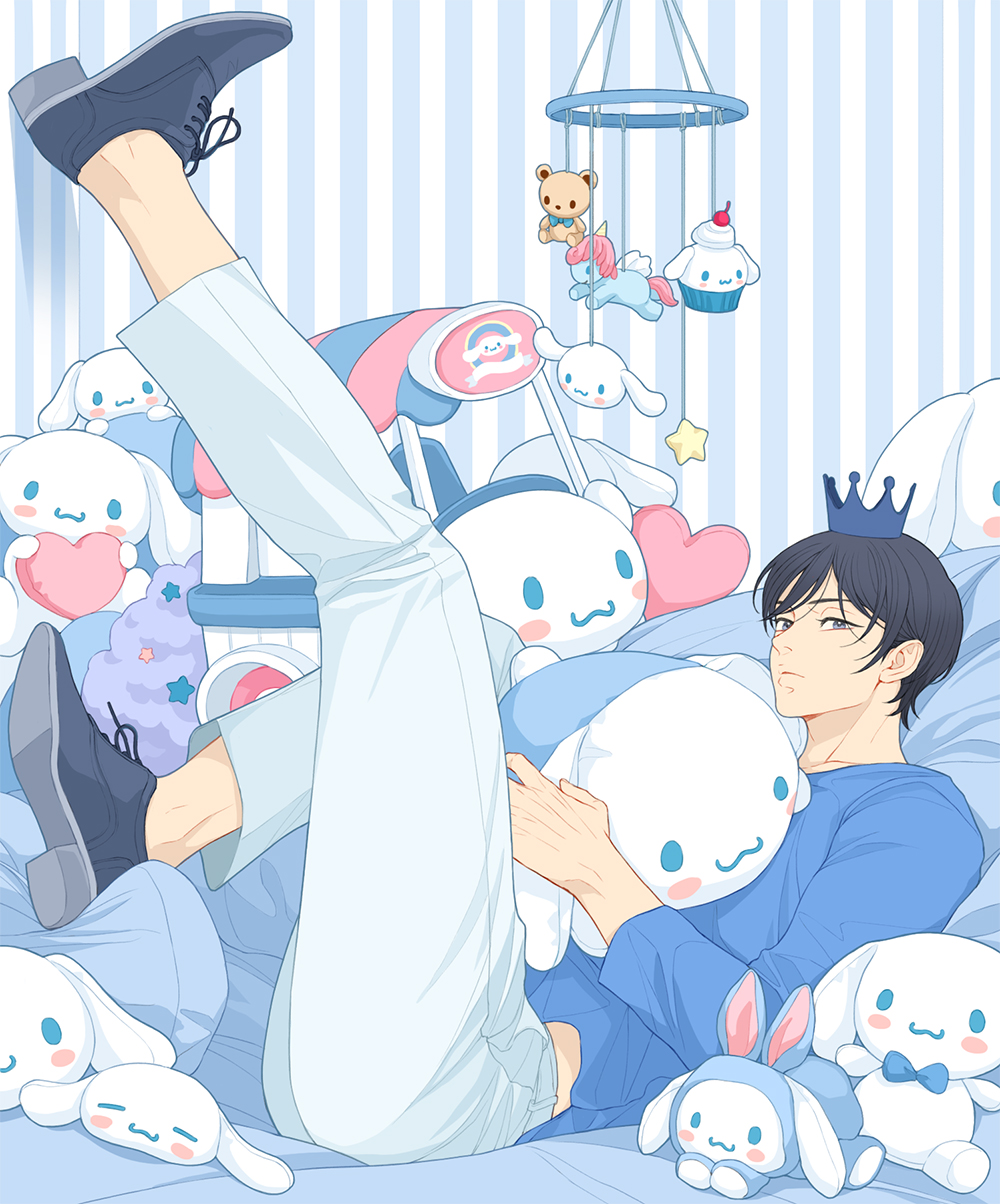 1boy, ace_of_diamond, bangs, bed, black_hair, blue_eyes, blue_shirt, cinnamoroll