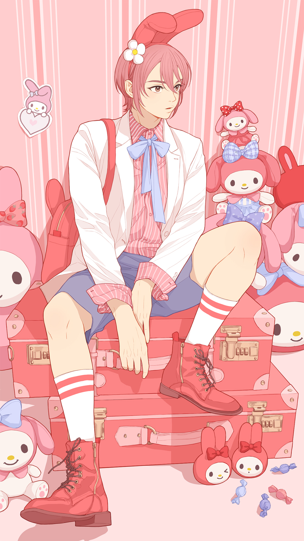 1boy, ace_of_diamond, animal_ears, backpack, bag, bangs, blue_shorts, boots