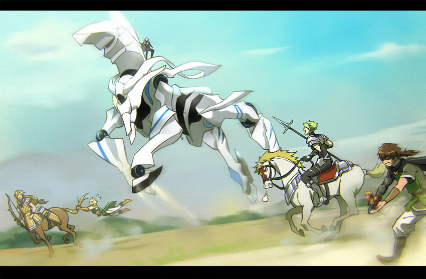 5boys, achilles_(fate), armor, blonde_hair, bow_(weapon), brown_hair, centaur, changye