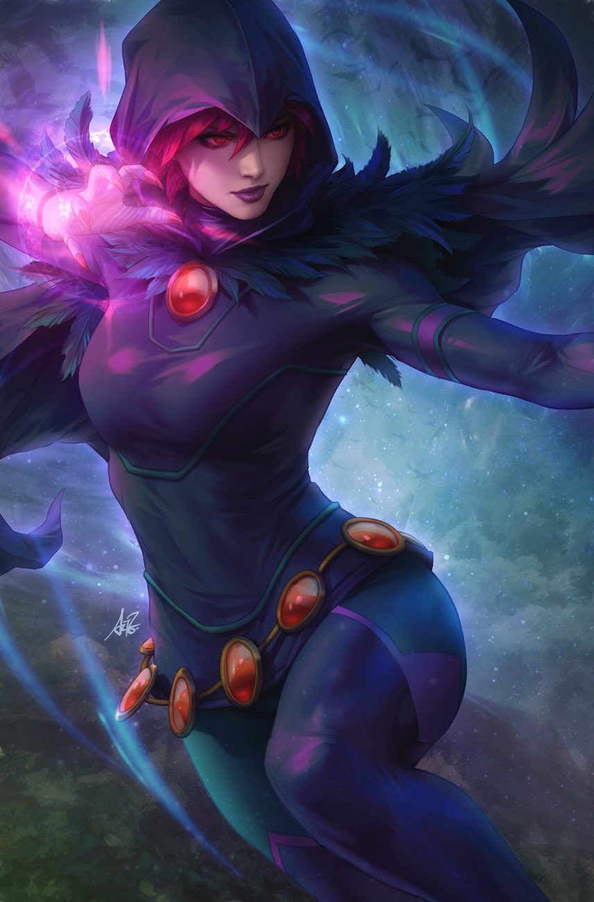 1girl, bangs, black_hair, boots, breasts, cape, closed_mouth, commentary, dc_comics, english_commentary, feathered_cape, fighting_stance, highres, jewelry, makeup, medium_breasts, multicolored_hair, pantyhose, purple_lips, raven_(dc), red_eyes, redhead, short_hair, solo, standing, stanley_lau, teen_titans, thigh-highs, thigh_boots, two-tone_hair