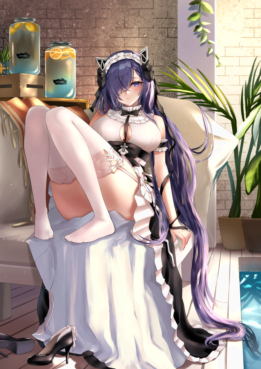 1girl, arm_cuffs, august_von_parseval_(azur_lane), azur_lane, black_dress, black_footwear, black_hair, black_ribbon