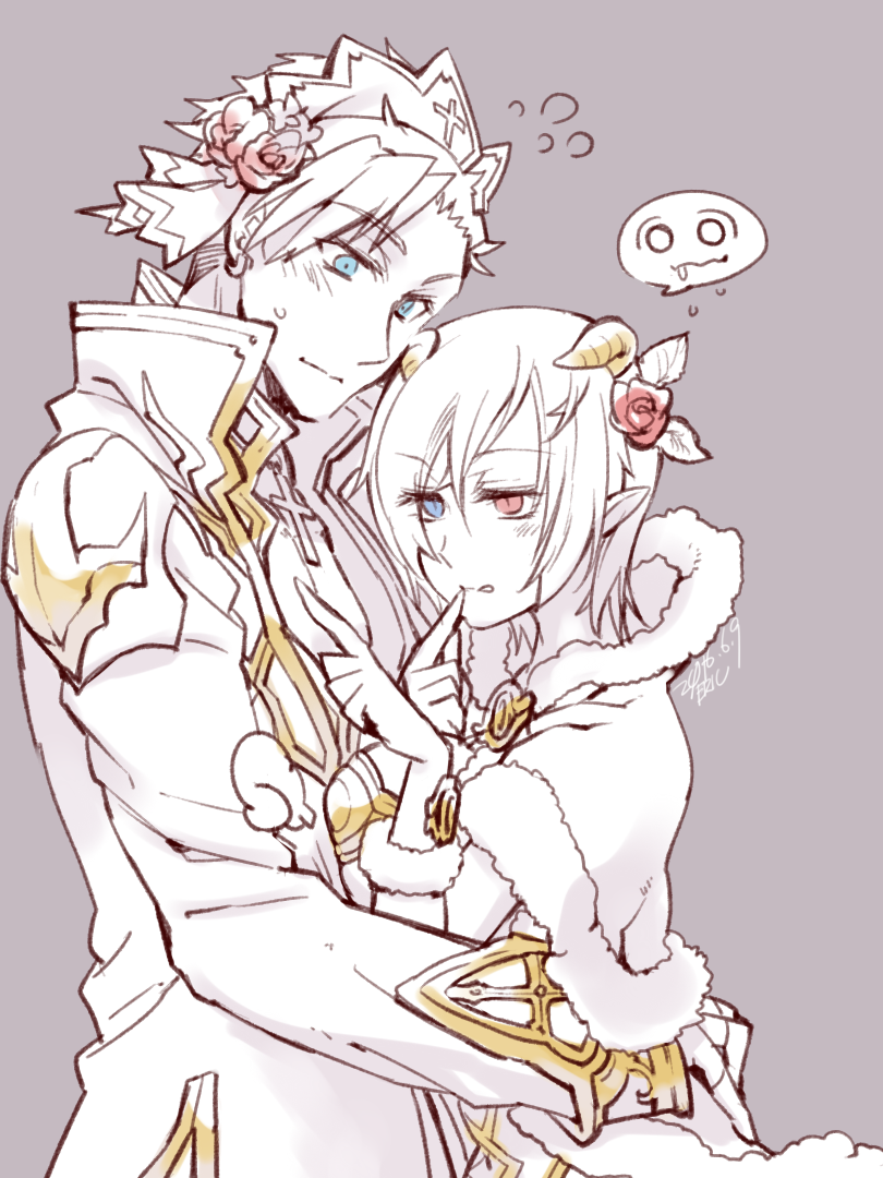 1boy, 1girl, bangs, blue_eyes, blush, breasts, cape, closed_mouth