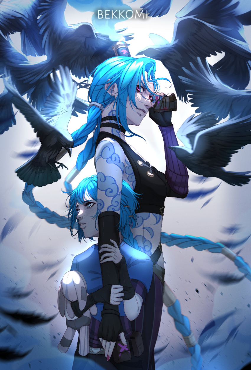 2girls, arcane:_league_of_legends, arcane_jinx, arm_tattoo, artist_name, asymmetrical_bangs, bangs, bare_shoulders