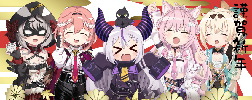 >_<, 5girls, absurdres, animal_ears, animal_on_head, bangs, bird, bird_on_head