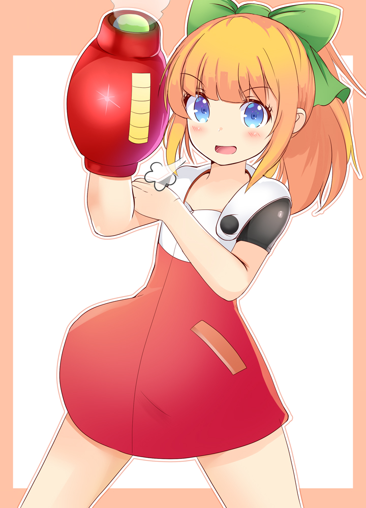 1girl, arm_cannon, aru_(arudes), blonde_hair, blue_eyes, blush, bow, dress, eyebrows_visible_through_hair, green_bow, hair_bow, hand_on_own_arm, long_hair, long_sleeves, looking_at_viewer, mega_man_(classic), mega_man_(series), mega_man_11, open_mouth, ponytail, red_dress, red_skirt, roll_(mega_man), skirt, smoke, solo, standing, weapon