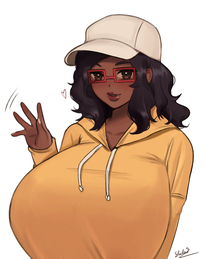 1girl, absurdres, baseball_cap, black_hair, breasts, dark-skinned_female, dark_skin, drawstring, gigantic_breasts, glasses, hand_up, hat, heart, highres, hood, hood_down, hoodie, long_hair, maddie_(eimmikha), original, parted_lips, rectangular_eyewear, red-framed_eyewear, shadow, signature, simple_background, smile, solo, sren244, white_background, white_headwear, yellow_hoodie
