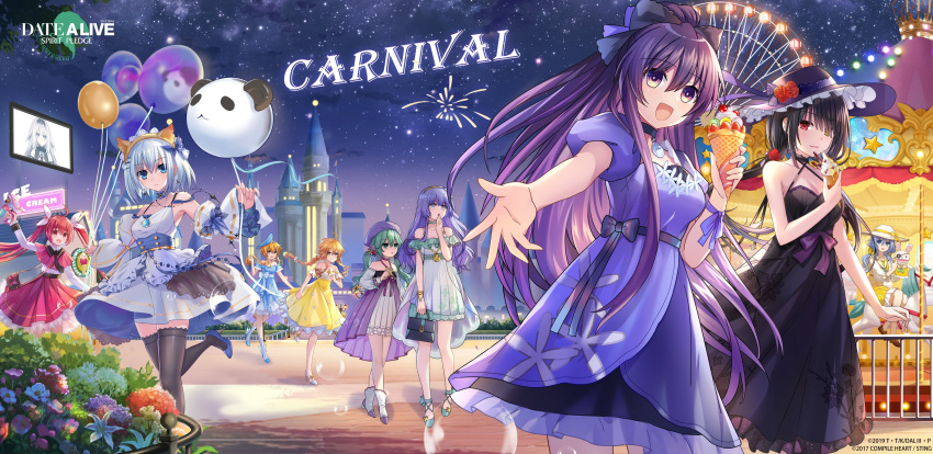 6+girls, absurdres, animal_ears, arusu_maria, bag, balloon, bare_arms, black_dress