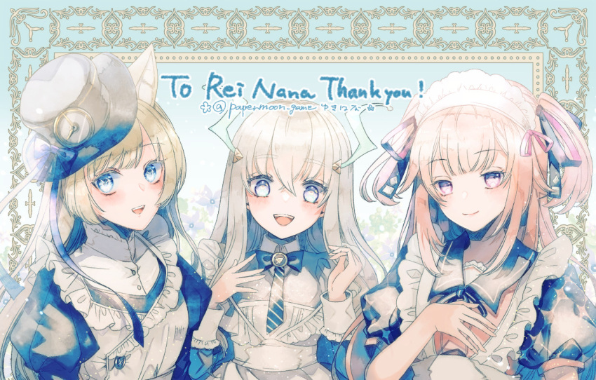 3girls, adapted_costume, alternate_costume, animal_ears, apron, bangs, blonde_hair, blue_eyes, blunt_bangs, bow, bowtie, commission, crossed_bangs, dragon_girl, enmaided, fox_ears, fox_girl, frilled_apron, frills, hair_between_eyes, hair_ribbon, hat, headgear, holographic_horns, hoshifuri_iku, ibuki_meno, juliet_sleeves, long_sleeves, maid, maid_apron, maid_headdress, multiple_girls, papermoon_game, pink_eyes, pink_hair, prism_project, puffy_short_sleeves, puffy_sleeves, ribbon, short_sleeves, silver_hair, skeb_commission, tokimori_aoi, two_side_up, violet_eyes, virtual_youtuber, white_apron, wrist_cuffs