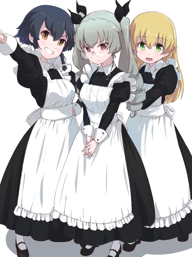3girls, alternate_costume, anchovy_(girls_und_panzer), apron, black_bow, black_hair, blonde_hair, bow