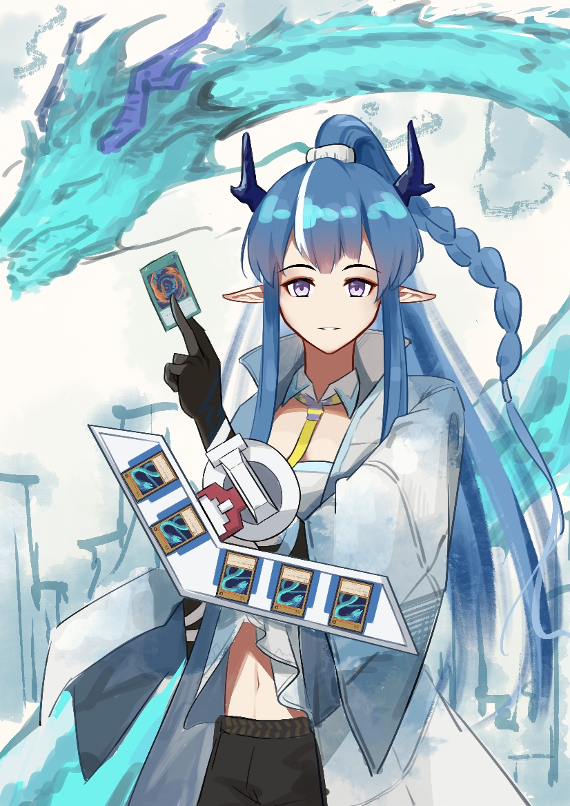 1girl, arknights, blue_horns, card, dragon, duel_disk, holding, holding_card