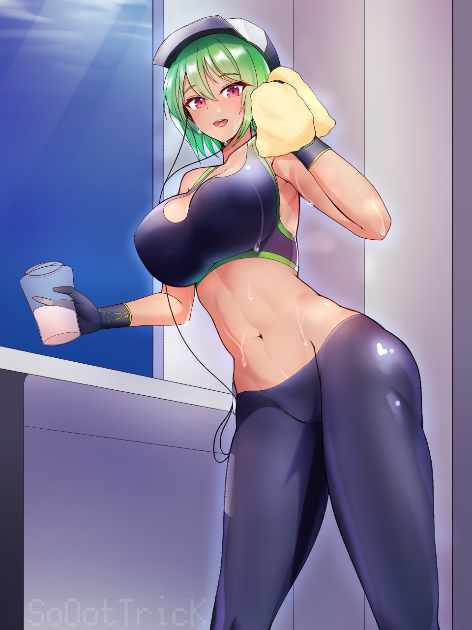 1girl, abs, artist_name, bangs, black_gloves, blush, breasts, eyebrows_visible_through_hair, gloves, green_hair, hair_between_eyes, hat, highres, large_breasts, last_origin, looking_at_viewer, midriff, mighty_r, navel, open_mouth, red_eyes, short_hair, smile, solo, sooottrick, spandex, sports_bra, sweat, towel