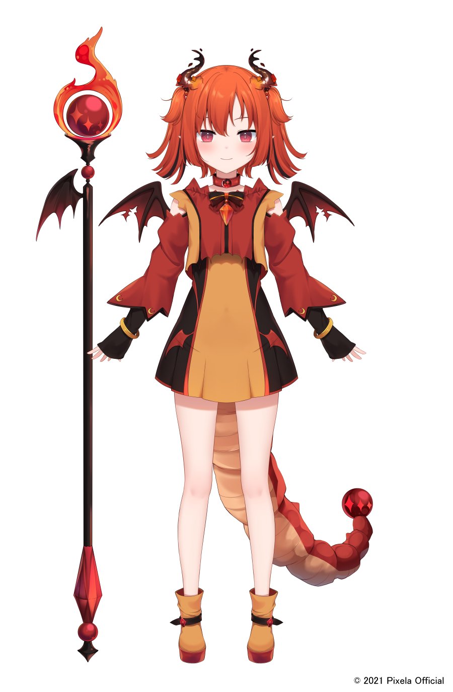 1girl, amashiro_natsuki, bangs, black_dress, boots, brown_footwear, brown_wings, closed_mouth, collar, commentary_request, crop_top, detached_sleeves, dragon_girl, dragon_horns, dragon_tail, dragon_wings, draki_kona, dress, eyebrows_behind_hair, full_body, highres, horns, long_sleeves, official_art, orange_hair, pixela_project, pleated_dress, red_collar, red_eyes, red_shirt, red_sleeves, shirt, simple_background, smile, solo, staff, standing, tail, torn_wings, twintails, two_side_up, virtual_youtuber, white_background, wings