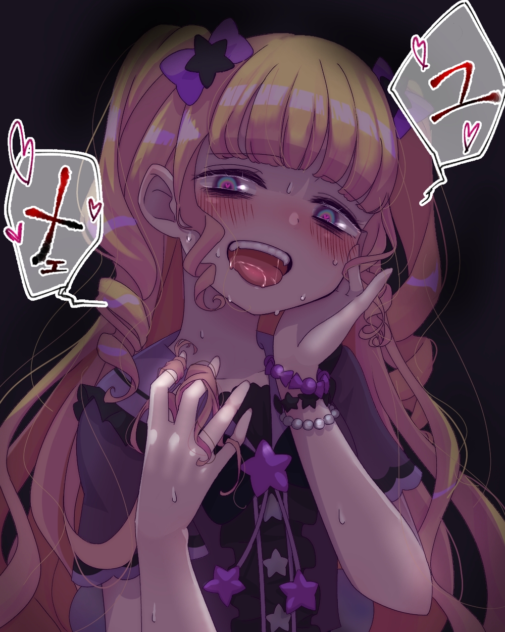 1girl, black_background, black_dress, blonde_hair, blush, bow, collarbone, commentary_request, crazy, crazy_eyes, crazy_smile, dark_persona, dress, drill_hair, drooling, evil_smile, eyebrows_visible_through_hair, fangs, frilled_dress, frills, hair_bow, hair_ornament, hair_twirling, half-closed_eyes, hand_on_own_cheek, hand_on_own_face, highres, idol_time_pripara, jewelry, kuroda_keeshi, long_hair, messy_hair, multicolored_eyes, playing_with_own_hair, pretty_(series), pripara, purple_bow, rainbow_eyes, saliva, short_sleeves, simple_background, smile, solo, star_(symbol), star_hair_ornament, sweat, teeth, tongue, tongue_out, two_side_up, upper_body, upper_teeth, yumekawa_yui