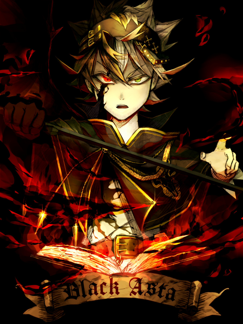 1boy, absurdres, ahoge, asta_(black_clover), banner, belt, black_bull_(emblem), black_clover