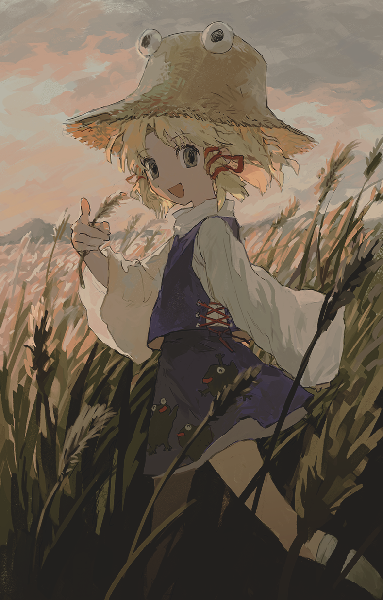 1girl, :d, animal_print, backlighting, bangs, blonde_hair, brown_eyes, clouds