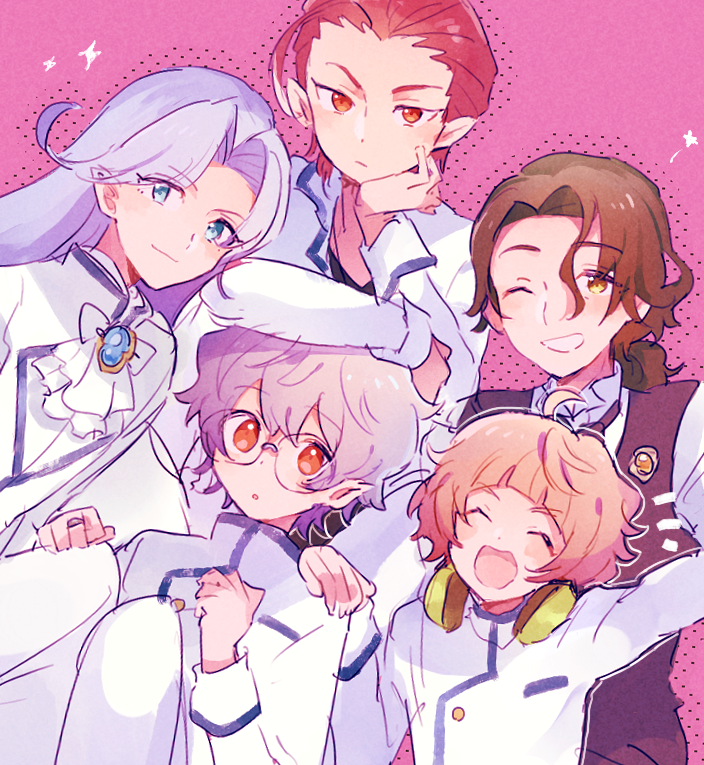 5boys, ahoge, ai_ranmaru, ascot, blue_eyes, brown_hair, closed_eyes, closed_mouth