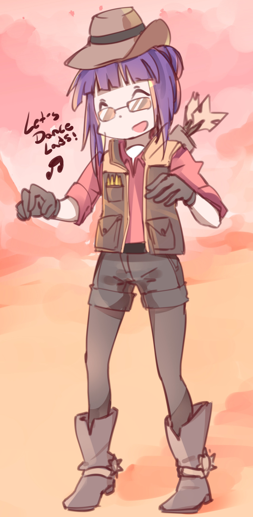 1girl, ^_^, ^o^, absurdres, arrow_(projectile), brown_headwear, closed_eyes, cosplay, eyebrows_visible_through_hair, facing_viewer, hat, highres, hinata_yukari, majormilk, open_mouth, purple_legwear, rectangular_eyewear, short_hair, smile, solo, sunglasses, team_fortress_2, the_sniper, the_sniper_(cosplay), yuyushiki