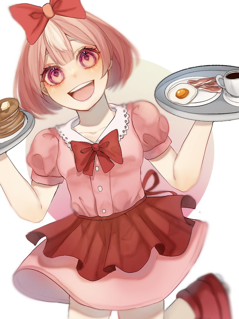 1girl, :d, ag_ag379, apron, bangs, blurry, blush, bow, bowtie, breasts, buttons, coffee, cup, depth_of_field, dual_wielding, eyebrows_behind_hair, food, foot_out_of_frame, fried_egg, giggles_(happy_tree_friends), hair_bow, happy_tree_friends, holding, holding_tray, humanization, lace-trimmed_shirt, lace_trim, looking_at_viewer, pancake, pink_eyes, pink_hair, puffy_short_sleeves, puffy_sleeves, red_apron, red_bow, red_bowtie, shirt, short_hair, short_sleeves, simple_background, skirt, small_breasts, smile, soft_focus, solo, standing, standing_on_one_leg, teeth, tray, upper_teeth, waist_apron, white_background