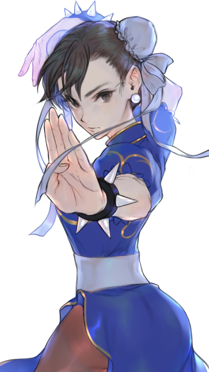 1girl, bangs, blue_dress, bracelet, brown_hair, bun_cover, chun-li, dress