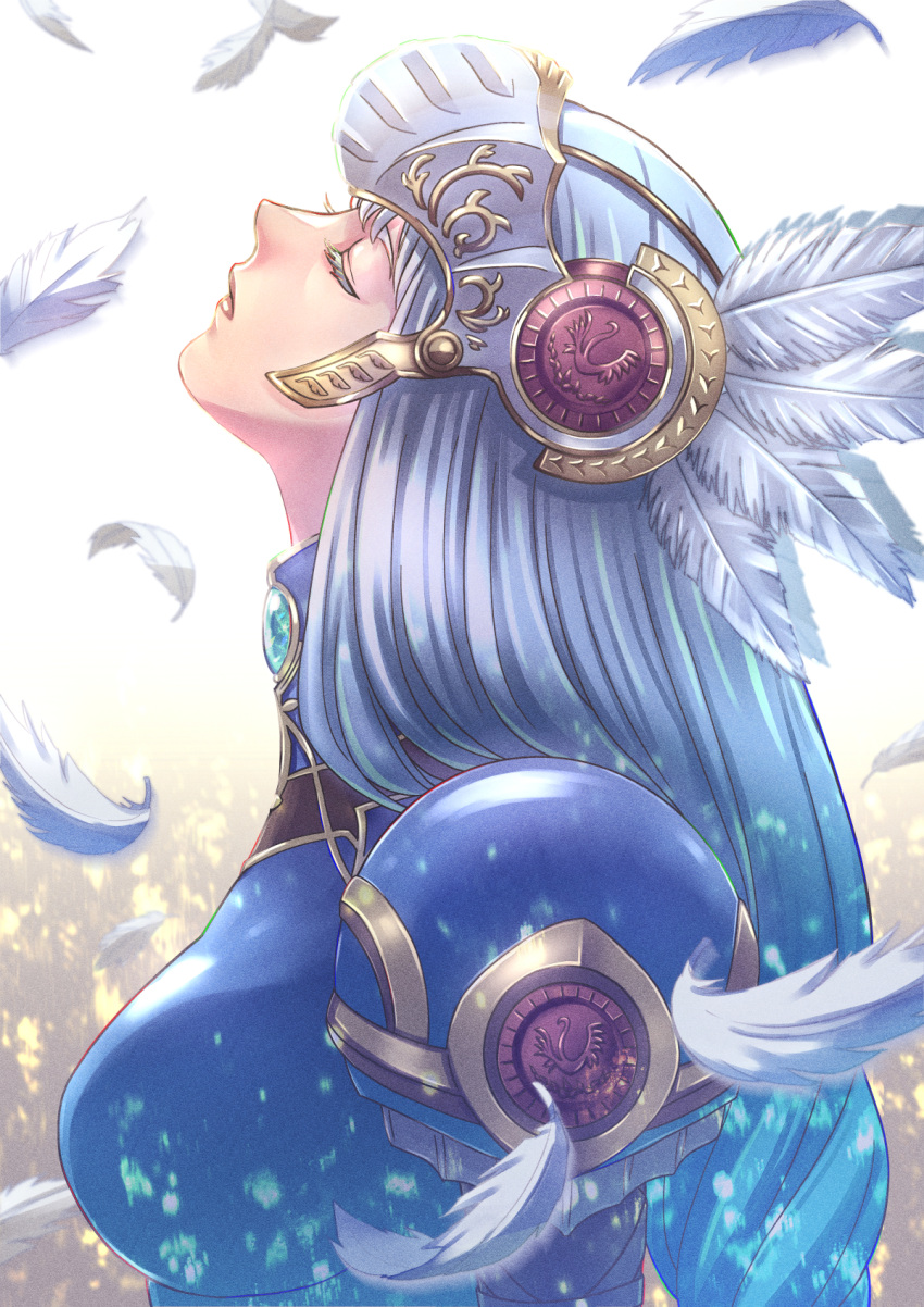 1girl, armor, blue_armor, braid, closed_eyes, feathers, gem, gold_trim