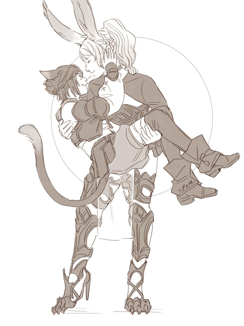 1boy, 1girl, absurdres, alternate_costume, alternate_universe, animal_ears, carrying, cat_ears, cat_tail, claws, couple, crimson_sun, final_fantasy, final_fantasy_xiv, final_fantasy_xv, greyscale, hand_on_another's_face, happy, high_heels, highres, lunafreya_nox_fleuret, miqo'te, monochrome, noctis_lucis_caelum, official_alternate_costume, pelvic_curtain, ponytail, princess_carry, rabbit_ears, tail, tall_female, viera