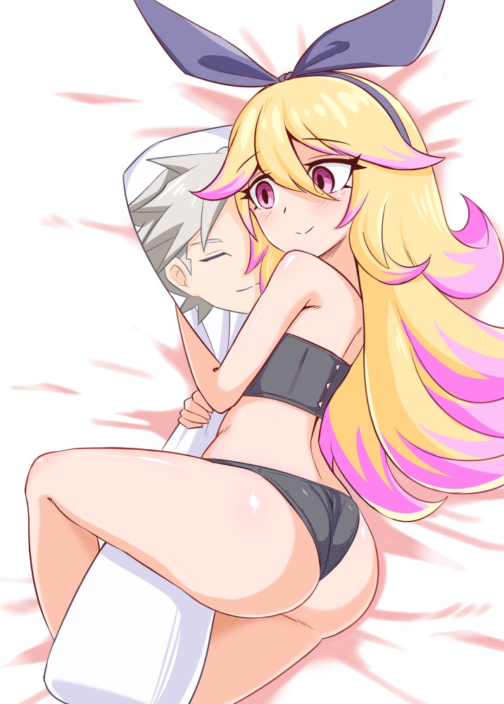 1girl, ass, azure_striker_gunvolt, azure_striker_gunvolt_2, bangs, bed_sheet, black_bra, black_panties