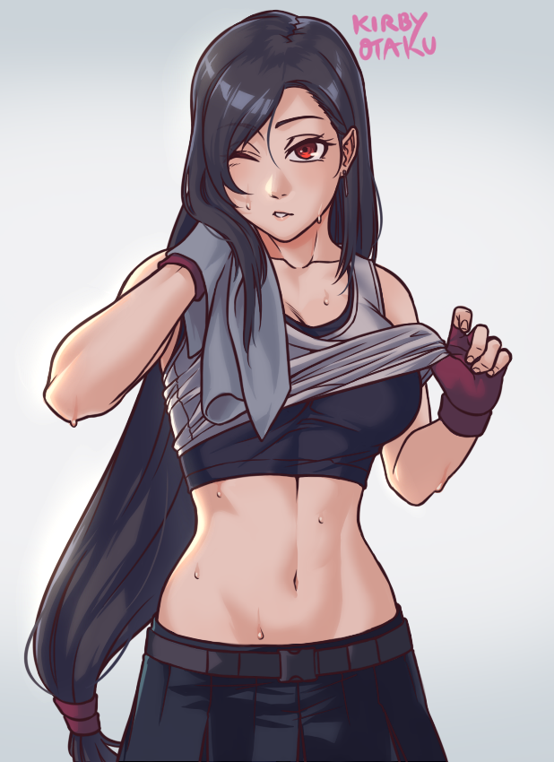 black_hair, clothes_lift, crop_top, earrings, final_fantasy, final_fantasy_vii, final_fantasy_vii_remake, gloves, jewelry, kirby_otaku, lips, long_hair, midriff, navel, parted_lips, red_eyes, red_gloves, shirt_lift, skirt, sports_bra, tank_top, tifa_lockhart