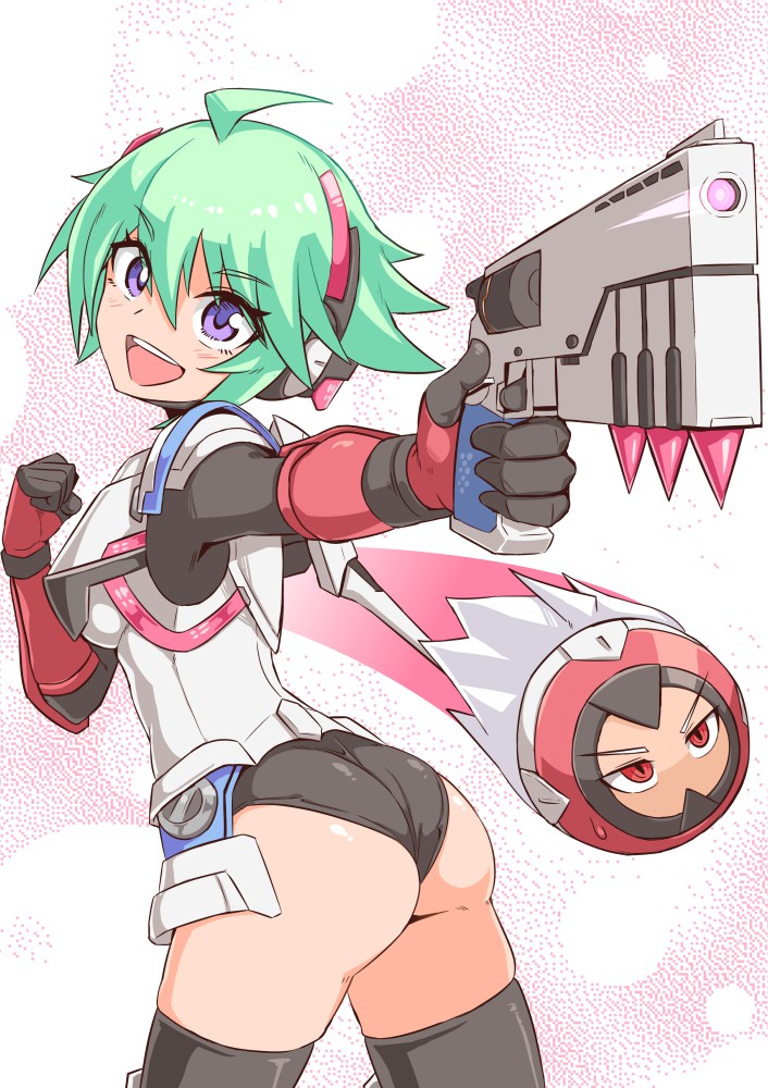 1girl, aiming, ass, azure_striker_gunvolt_2, bangs, black_legwear, blue_eyes, clenched_hand
