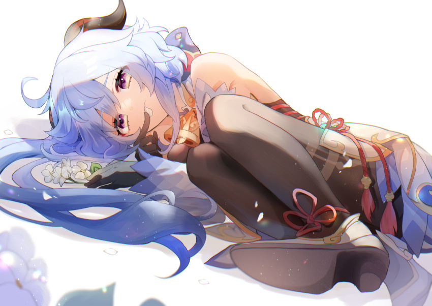1girl, bare_shoulders, bell, black_bodysuit, black_gloves, blue_hair, bodysuit, commentary
