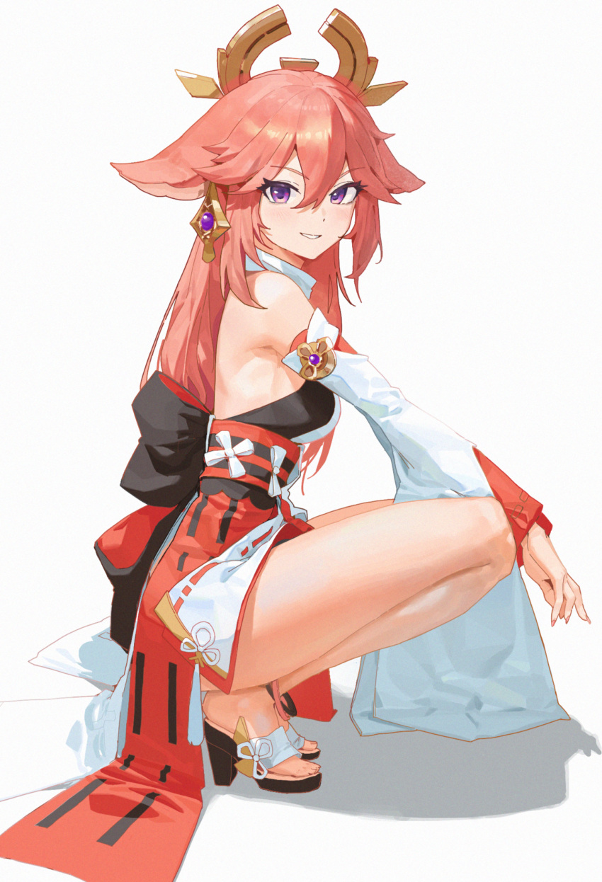 1girl, animal_ears, bare_legs, bare_shoulders, breasts, detached_sleeves, earrings, fox_ears